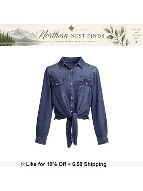 Tencel Crop Denim Jacket Long Sleeve Button Up Tie Hem Casual